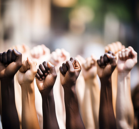 Close up of people hands raised in protest against racism and social inequalityの素材