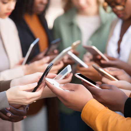 Close-up of a group of people holding smartphones in their handsの素材