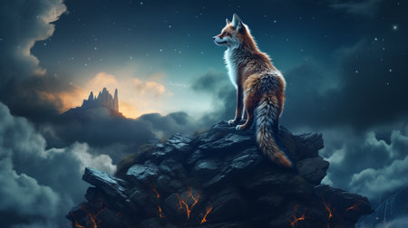 Fantasy scene with a red fox sitting on a rock at nightの素材
