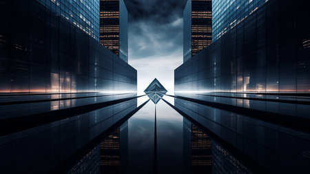 Modern skyscrapers in business district. 3D rendering double exposureの素材