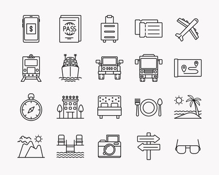 20 vector icons travel in outline style. Perfect for element design brochure, Ui App, etc.のイラスト素材