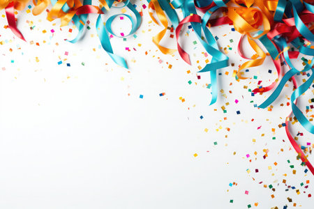 Realistic colorful confetti, rainbow celebration party ribbons confetti on white backgroundの素材