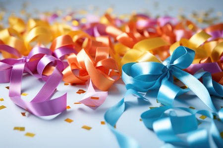 Realistic colorful confetti, rainbow celebration party ribbons confetti on white backgroundの素材