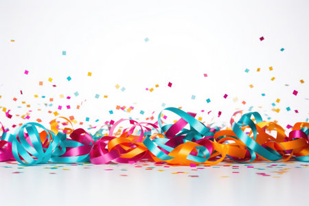 Realistic colorful confetti, rainbow celebration party ribbons confetti on white backgroundの素材