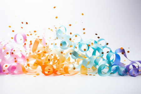 Realistic colorful confetti, rainbow celebration party ribbons confetti on white backgroundの素材
