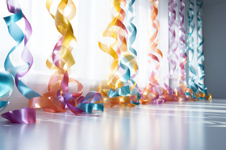 Realistic colorful confetti, rainbow celebration party ribbons confetti on white backgroundの素材