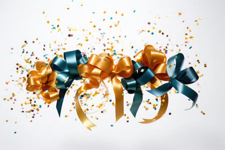 Realistic colorful confetti, celebration gold ribbons confetti on white backgroundの素材