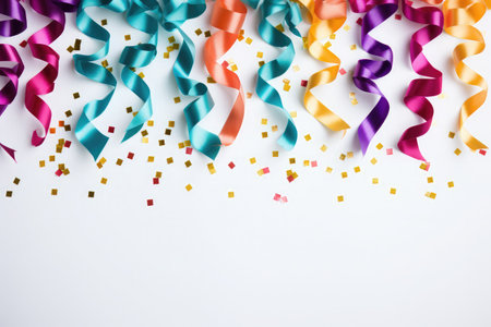 Realistic colorful confetti, rainbow celebration party ribbons confetti on white backgroundの素材