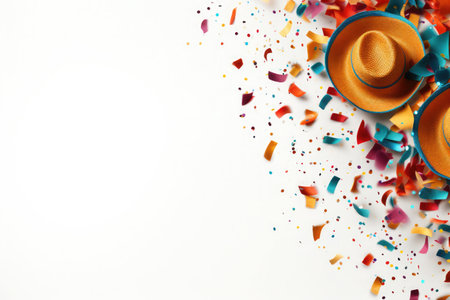 Realistic colorful falling confetti, rainbow celebration party ribbons confetti on white backgroundの素材