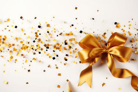 Realistic celebration gold ribbons confetti on white backgroundの素材