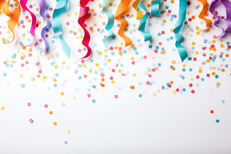 Realistic colorful confetti, rainbow celebration party ribbons confetti on white backgroundの素材