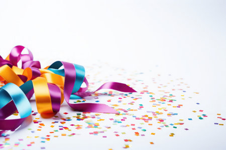 Realistic colorful falling confetti, rainbow celebration party ribbons confetti on white backgroundの素材