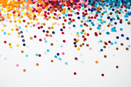 Realistic colorful falling confetti, rainbow celebration party ribbons confetti on white backgroundの素材