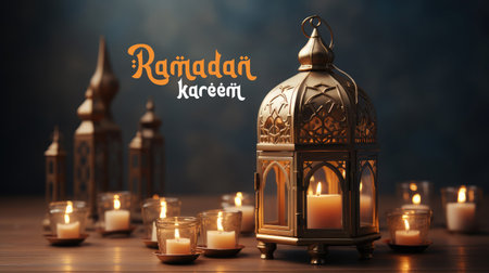 Ramadan kareem beautiful Illuminated lantern ornament and eid mubarak 3d islamic greeting illustration on bokeh backgroundの素材