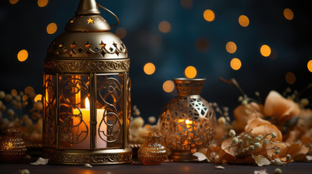 Ramadan kareem beautiful Illuminated lantern ornament and eid mubarak 3d islamic greeting illustration on bokeh backgroundの素材
