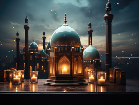 Ramadan kareem beautiful Illuminated lantern ornament and eid mubarak 3d islamic greeting illustration on bokeh backgroundの素材
