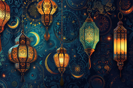 Islamic greeting eid mubarak lantern illustration ramadan kareem beautiful ornament backgroundの素材