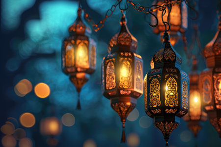 Islamic greeting eid mubarak lantern illustration ramadan kareem beautiful ornament backgroundの素材