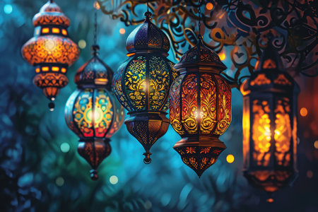 Islamic greeting eid mubarak lantern illustration ramadan kareem beautiful ornament backgroundの素材
