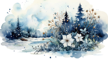 Watercolor deer with winter pine tree forest illustration backgroundの素材