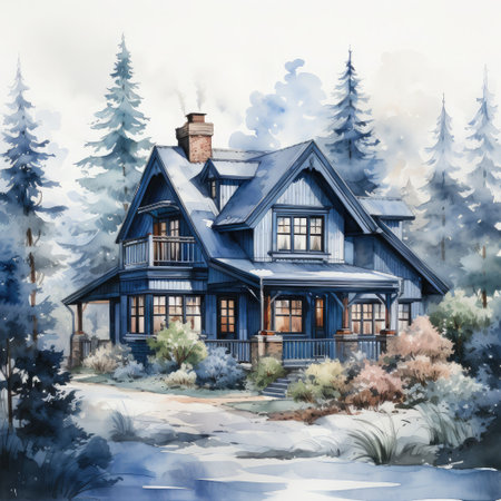 Watercolor Winter House with pine tree forest, Cozy Snowy Winter Fairy House on white backgroundの素材