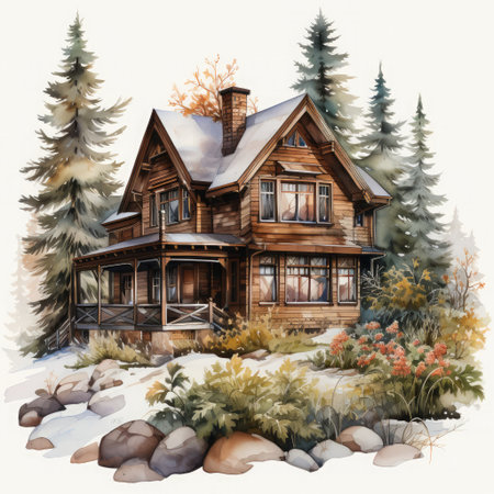 Watercolor Winter House with pine tree forest, Cozy Snowy Winter Fairy House on white backgroundの素材