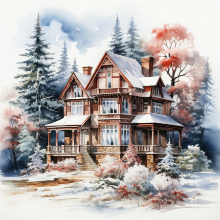 Watercolor Winter House with pine tree forest, Cozy Snowy Winter Fairy House on white backgroundの素材