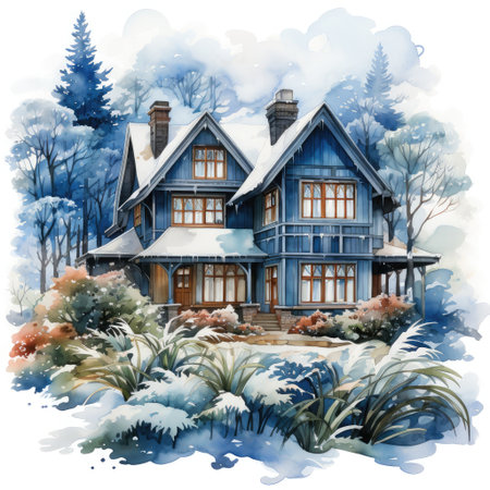 Watercolor Winter House with pine tree forest, Cozy Snowy Winter Fairy House on white backgroundの素材