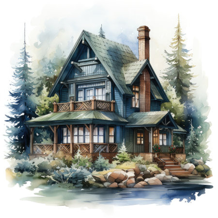 Watercolor Winter House with pine tree forest, Cozy Snowy Winter Fairy House on white backgroundの素材
