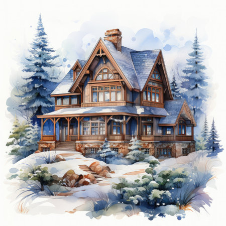 Watercolor Winter House with pine tree forest, Cozy Snowy Winter Fairy House on white backgroundの素材