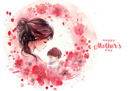 Happy mothers day Illustration, mothers love relationships between mother and child with flower in the backgroundの素材