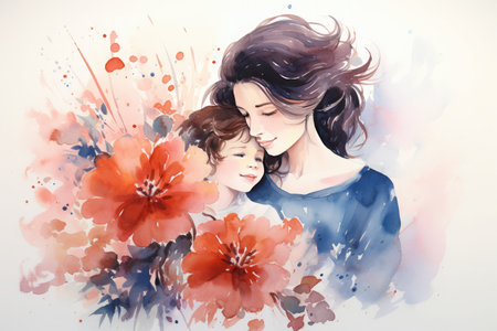 Happy mothers day Illustration, mothers love relationships between mother and child with flower in the backgroundの素材
