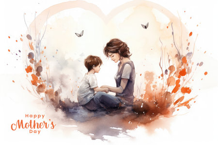 Happy mothers day Illustration, mothers love relationships between mother and child with flower in the backgroundの素材