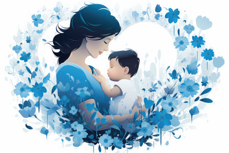 Happy mothers day Illustration, mothers love relationships between mother and child with flower in the backgroundの素材