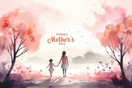 Happy mothers day Illustration, mothers love relationships between mother and child with flower in the backgroundの素材