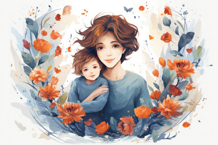 Happy mothers day Illustration, mothers love relationships between mother and child with flower in the backgroundの素材
