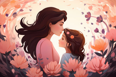 Happy mothers day Illustration, mothers love relationships between mother and child with flower in the backgroundの素材
