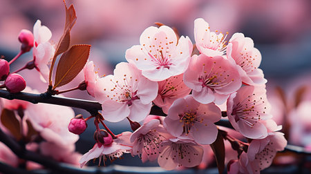 Realistic cherry blossom branch in spring with Watercolor pink sakura flower and leaves backgroundの素材