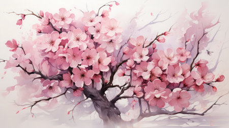 Realistic cherry blossom branch in spring with Watercolor pink sakura flower and leaves backgroundの素材