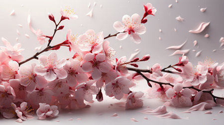 Realistic cherry blossom branch in spring with Watercolor pink sakura flower and leaves backgroundの素材