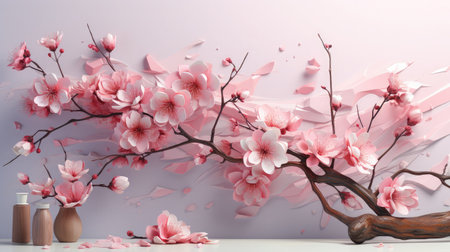 Realistic cherry blossom branch in spring with Watercolor pink sakura flower and leaves backgroundの素材