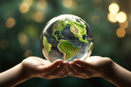 Hands holding glass globe world In green forest World environment and earth day conceptの素材