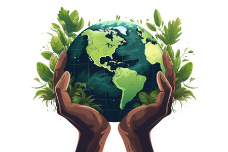 Hands holding glass globe world In green forest World environment and earth day conceptの素材