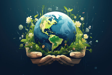 Hands holding glass globe world In green forest World environment and earth day conceptの素材