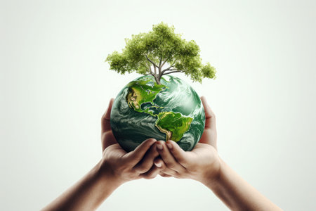 Hands holding glass globe world In green forest World environment and earth day conceptの素材