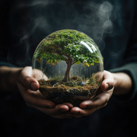 Hands holding glass globe world In green forest World environment and earth day conceptの素材