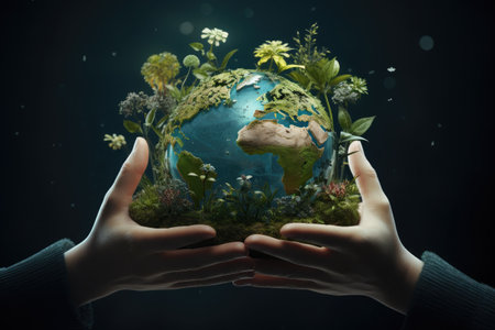 Hands holding glass globe world In green forest World environment and earth day conceptの素材
