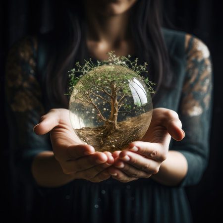 Hands holding glass globe world In green forest World environment and earth day conceptの素材
