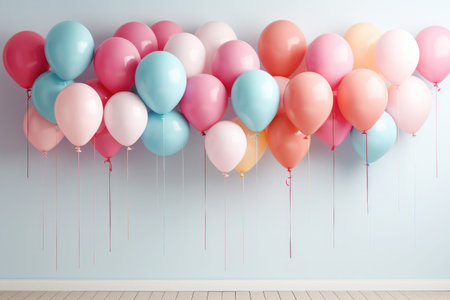 Pink 3d balloons with anniversary and birthday festive decoration on white Backgroundの素材