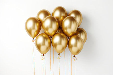 Golden 3d balloons confetti ribbon with anniversary and birthday festive on white Backgroundの素材